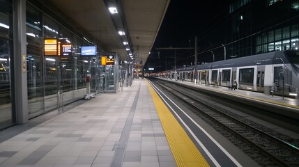 Quiet night at the train station showcasing modern railway platforms and illuminated signboards : Generative AI