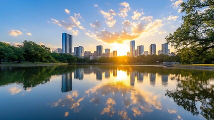 Obraz premium Stunning Sunset Over Cityscape with Reflections on Calm Water Creating Peaceful Scene : Generative AI