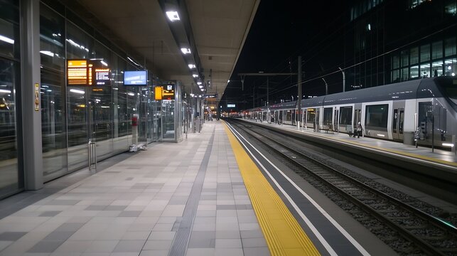 Quiet night at the train station showcasing modern railway platforms and illuminated signboards : Generative AI