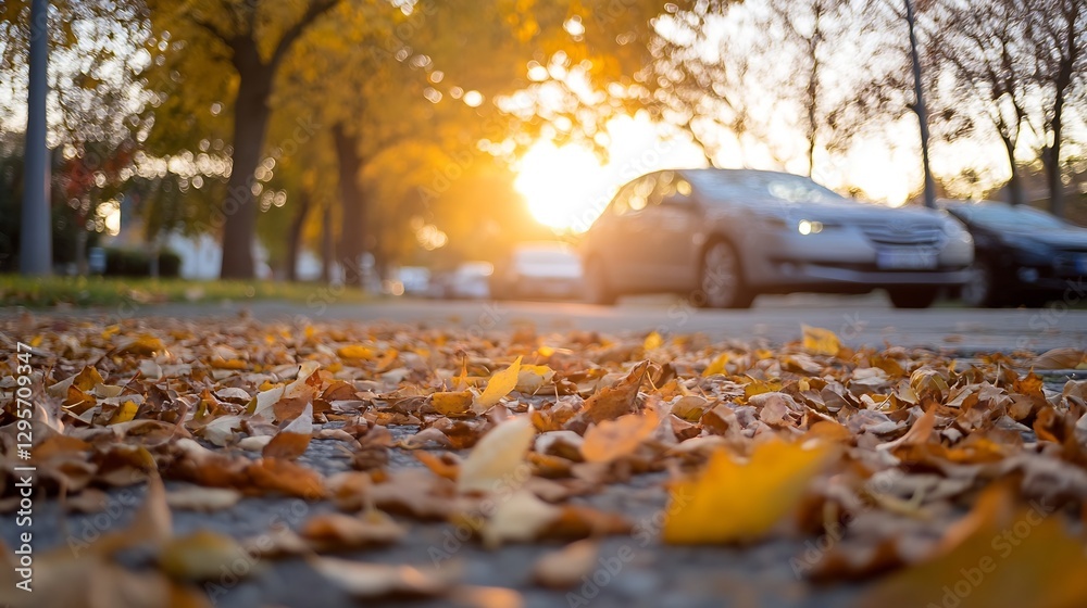 Poster sunset view of a busy street covered in fallen leaves creating a picturesque autumn scene : generati