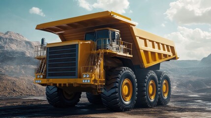 Fototapeta premium A digital twin of a large mining dump truck showcasing advanced 3D visualization,data analysis,and simulation capabilities to optimize industrial productivity.