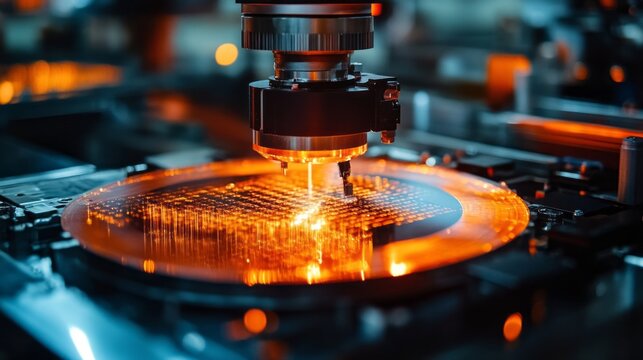 Close view of silicon wafer dicing process shows a high-precision tool cutting silicone wafers into individual chips in a cleanroom environment. This activity is crucial for semiconductor production