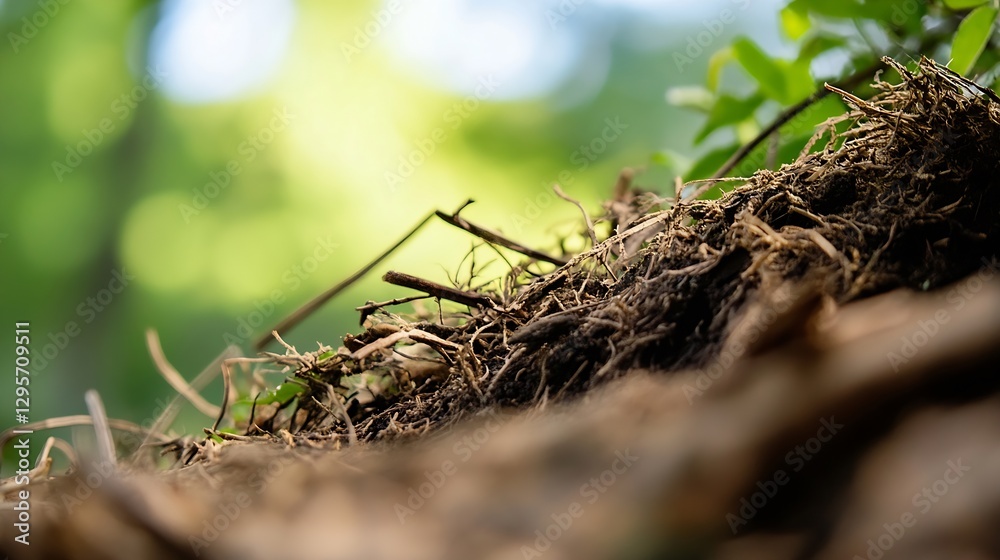 Aufkleber Natural earthy background with roots and greenery in a tranquil forest setting : Generative AI