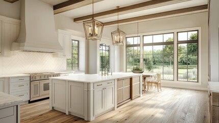 Traditional kitchen in beautiful new luxury home with hardwood floors, wood beams, and large island quartz counters. Includes farmhouse sink, elegant pendant lights, and large windows generative ai