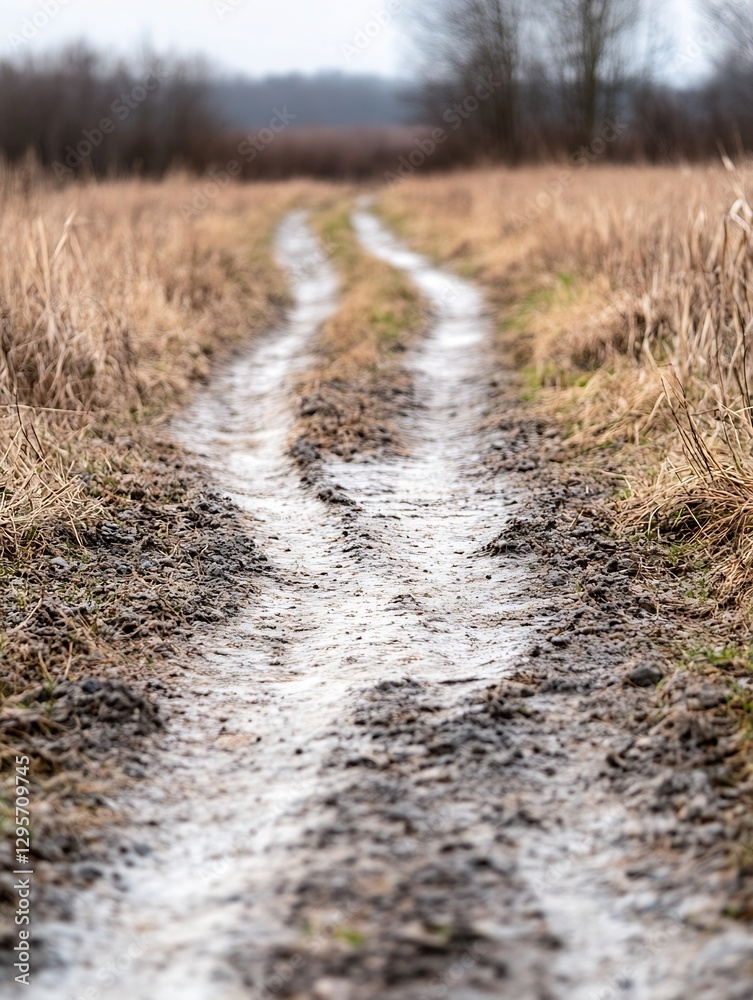Poster scenic muddy pathway winding through tall grass fields on a rainy day : generative ai