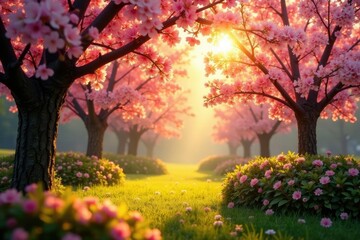Naklejka premium Golden light filters through blossoming cherry trees, morning light, warm glow, garden
