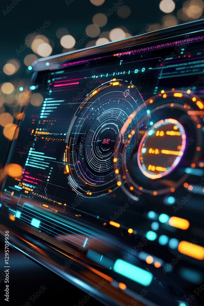 Poster a vibrant digital interface depicting a futuristic design with dynamic patterns and bright elements.