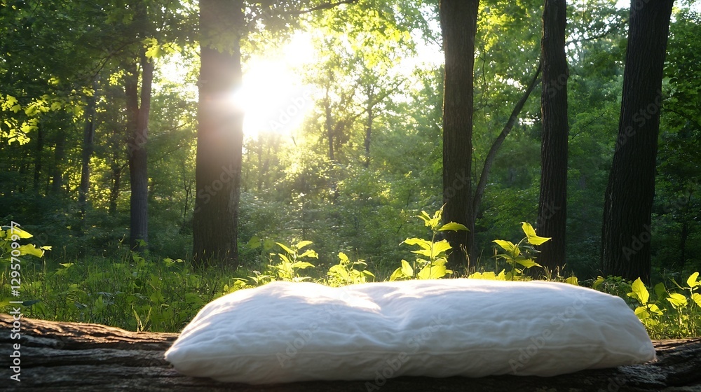 Poster Soft Pillow Resting on a Log in a Lush Green Forest with Gentle Sunlight : Generative AI