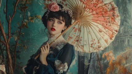 Elegant Asian Woman in Blue Dress with Floral Umbrella