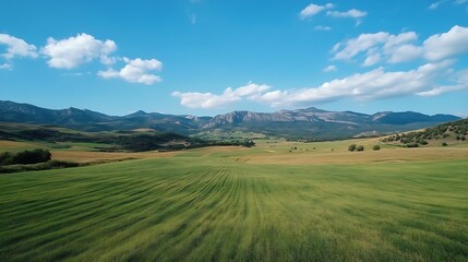 Naklejka premium Stunning panoramic view of lush green fields and distant mountains under a bright blue sky : Generative AI
