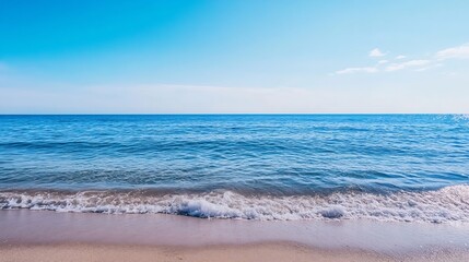 Serene beach view with gentle waves and clear blue skies reflecting on the ocean : Generative AI