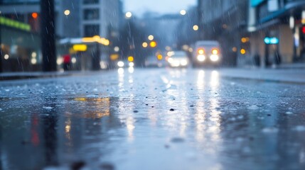 Urban street scene captured during rain showcasing reflective water puddles and city lights : Generative AI