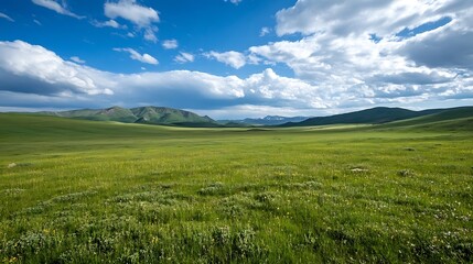 Obraz premium Expansive green landscape with rolling hills and clouds creating a serene natural environment : Generative AI