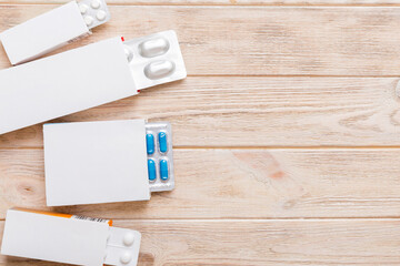 Blank White Product Package Box Mock-up. Open blank medicine drug box with blister top view