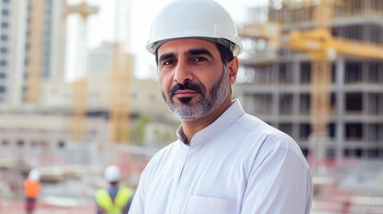 Professional construction manager in hard hat stands confidently on building site with cranes and workers in background, overseeing development project