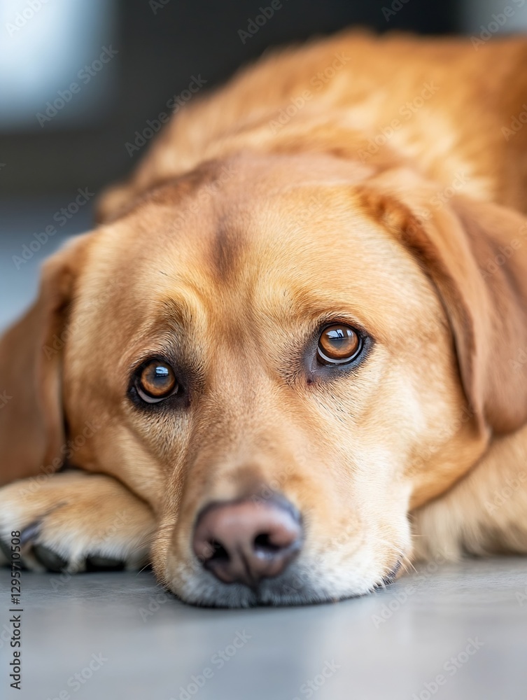 Poster a soulful portrait of a golden retriever dog resting with deep expressive eyes : generative ai