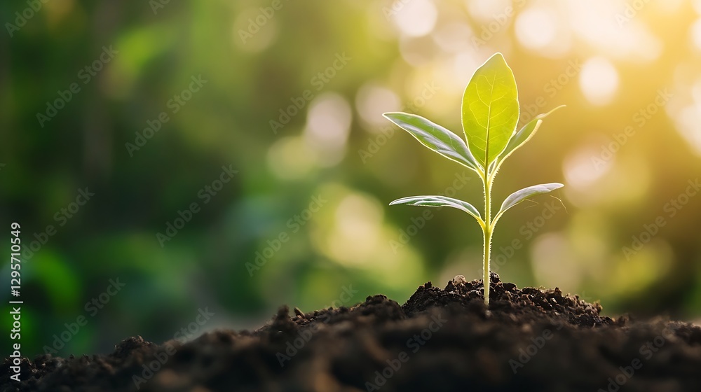 Aufkleber fresh green seedling sprouting from rich brown soil under warm sunlight indicating new beginnings : 