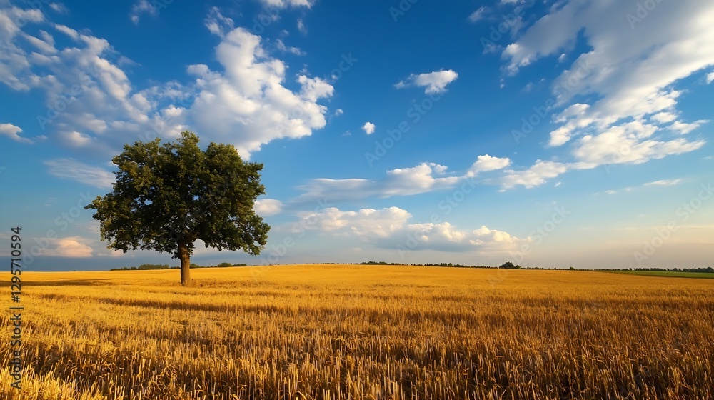 Poster Lone tree in a golden wheat field under a blue sky with clouds : Generative AI