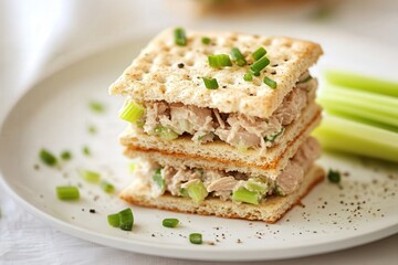 Delicate presentation of cracker sandwiches with tuna salad and celery on a white ceramic plate. Soft, diffused light creates a serene, inviting atmosphere with pastel background gentle highlights
