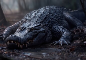 Fototapeta premium Realistic depiction of a prehistoric crocodile in a misty forest landscape, showcasing intricate textures, sharp teeth, and a menacing gaze in low light.