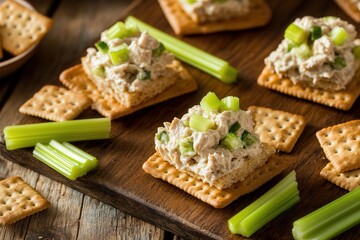 Asymmetrical layout of cracker sandwiches with tuna salad and celery on a rustic wooden board. Off-center sandwiches with scattered celery sticks, tuna salad, and crackers add dynamism.