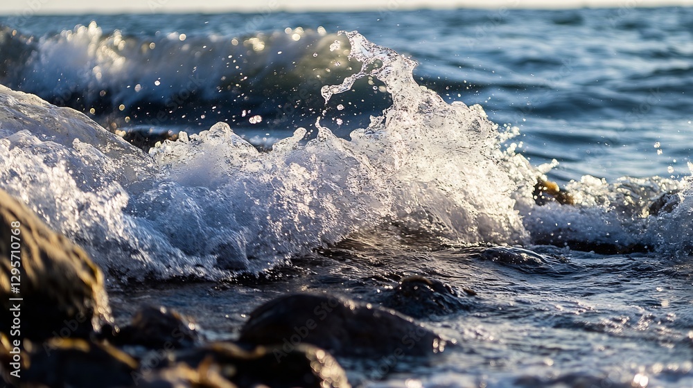 Poster dynamic ocean waves crashing against rocks in a beautiful seascape at sunset : generative ai