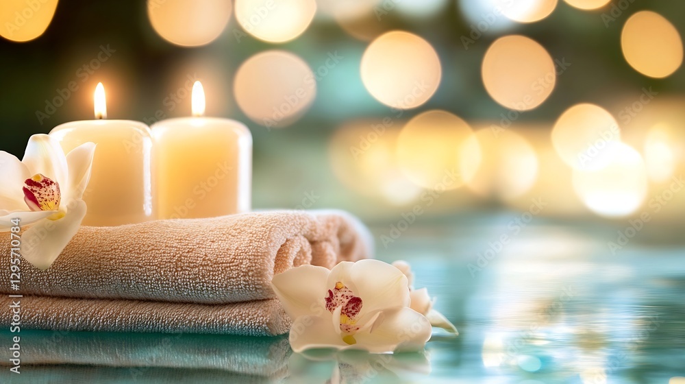Aufkleber Elegant candles and soft towels for a sophisticated spa setting with soothing bokeh lights : Generative AI