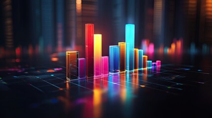A glass morphism business chart icon illuminated with colorful gradients on a dark background. 