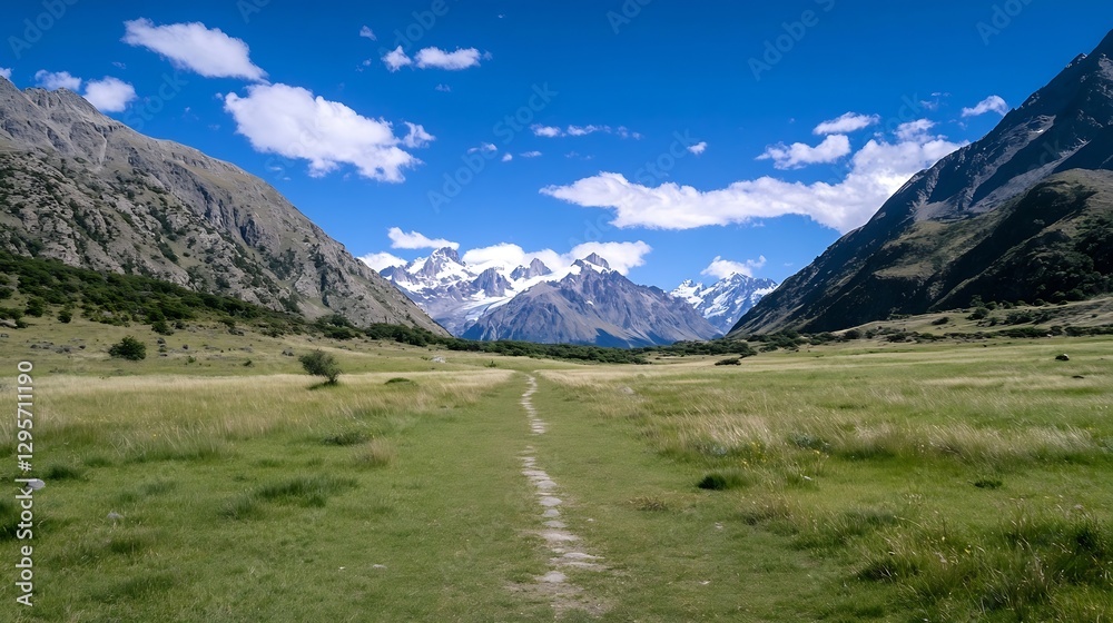 Poster breathtaking view of mountains under a clear blue sky with lush green meadow and scenic path invitin