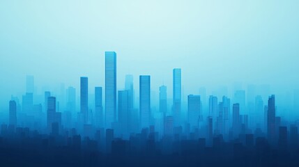 Fototapeta premium A misty city skyline with tall buildings, enveloped in a calming blue hue, creating a serene yet urban atmosphere.