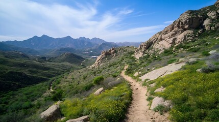 Naklejka premium Breathtaking view along a winding path through green hills and rocky mountains under a clear sky : Generative AI
