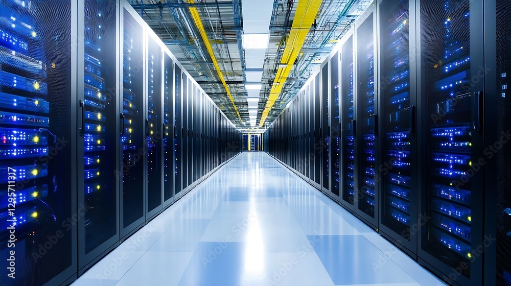 Poster High Tech Server Room with Illuminated Data Center Racks and Network Connections : Generative AI
