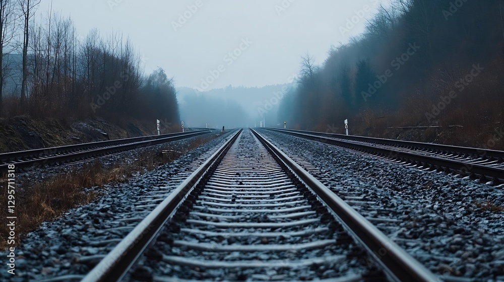 Poster dramatic view of a railway track stretching into the distance under cloudy weather : generative ai