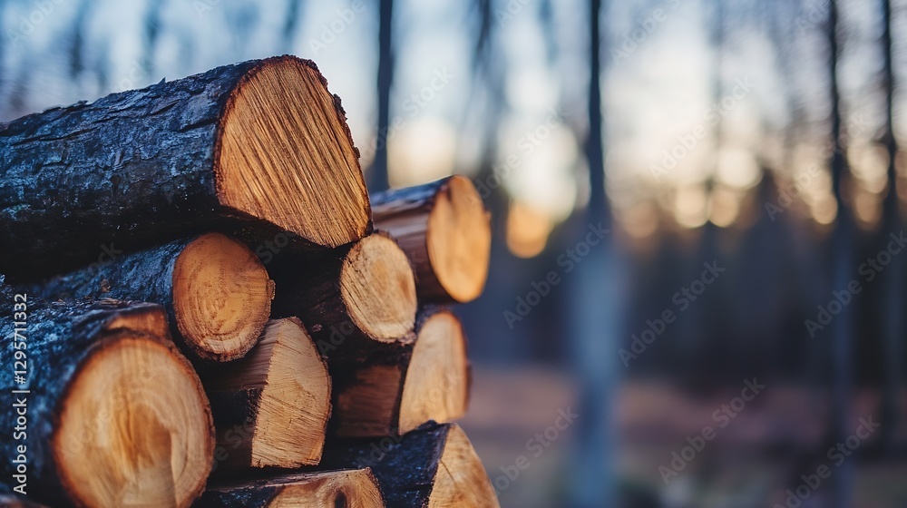 Aufkleber warmly lit stack of freshly cut logs resting on the forest floor surrounded by nature : generative a