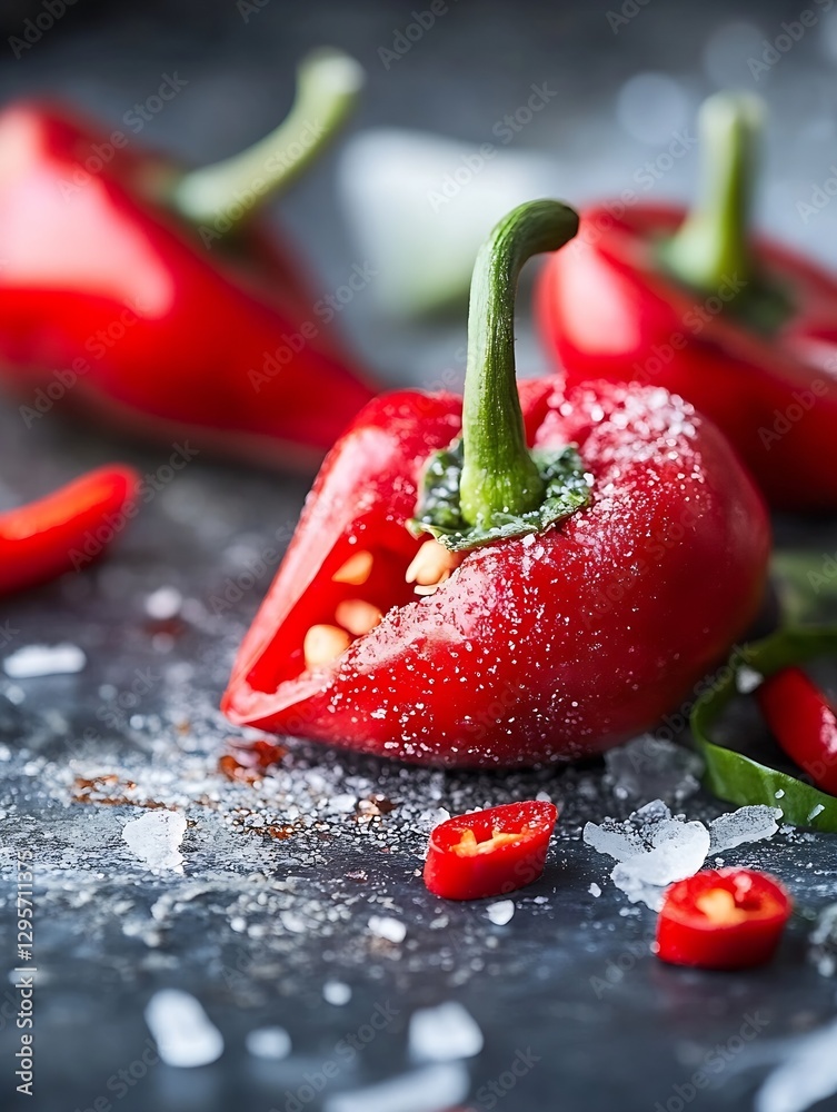 Poster freshly sliced red chili peppers sprinkled with salt on a rustic dark background : generative ai