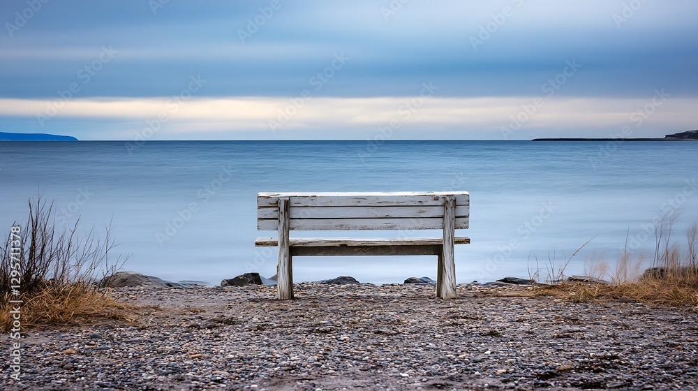 Aufkleber secluded beach bench overlooking calm waters and soft clouds at dusk : generative ai