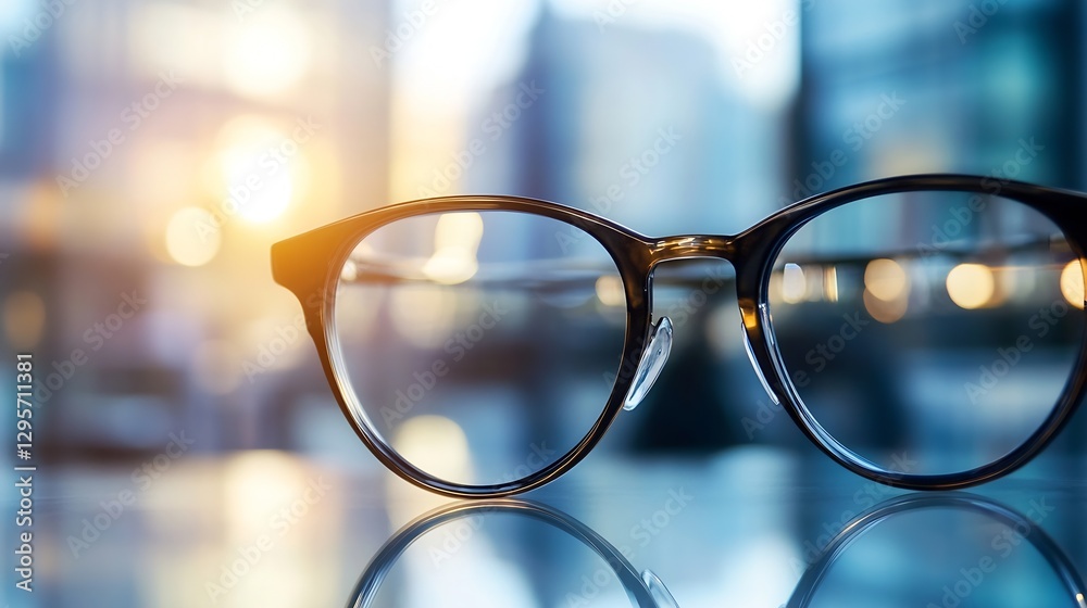 Poster stylish eyeglasses resting on a surface with blurred urban backdrop and warm sunlight : generative a
