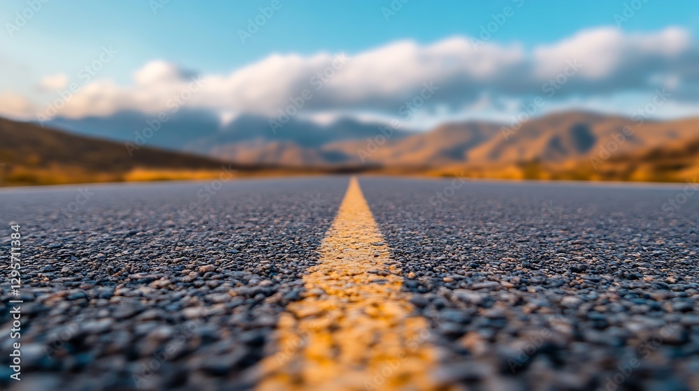 Poster closeup view of an empty road leading into scenic mountains under a bright blue sky : generative ai