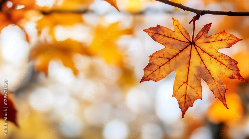 Aufkleber close up view of a golden autumn maple leaf illuminated by soft sunlight in nature : generative ai
