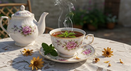 Fototapeta premium Aromatic Tea Break in a Sunny Garden: Scenic Still Life of Mint Tea with Floral Tea Set