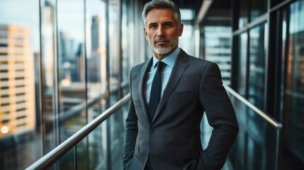 Naklejka premium Confident businessman in a modern office building, standing near glass walls with city skyline view, wearing a suit, professional attire, career success