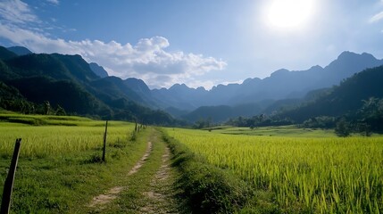 Fototapeta premium Breathtaking Landscape View of Large Mountains and Lush Green Rice Fields Under a Blue Sky : Generative AI