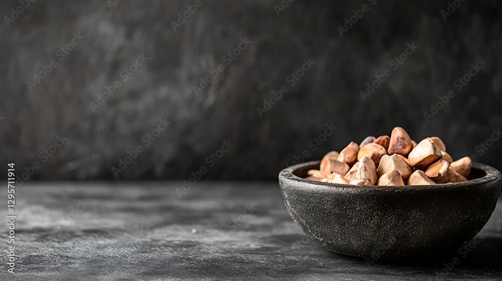 Poster natural brown nuts in a rustic bowl set against a dark background for healthy food and cooking theme