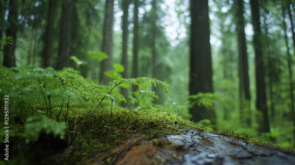 Poster lush green forest floor covered in ferns and moss with towering trees in the background : generative