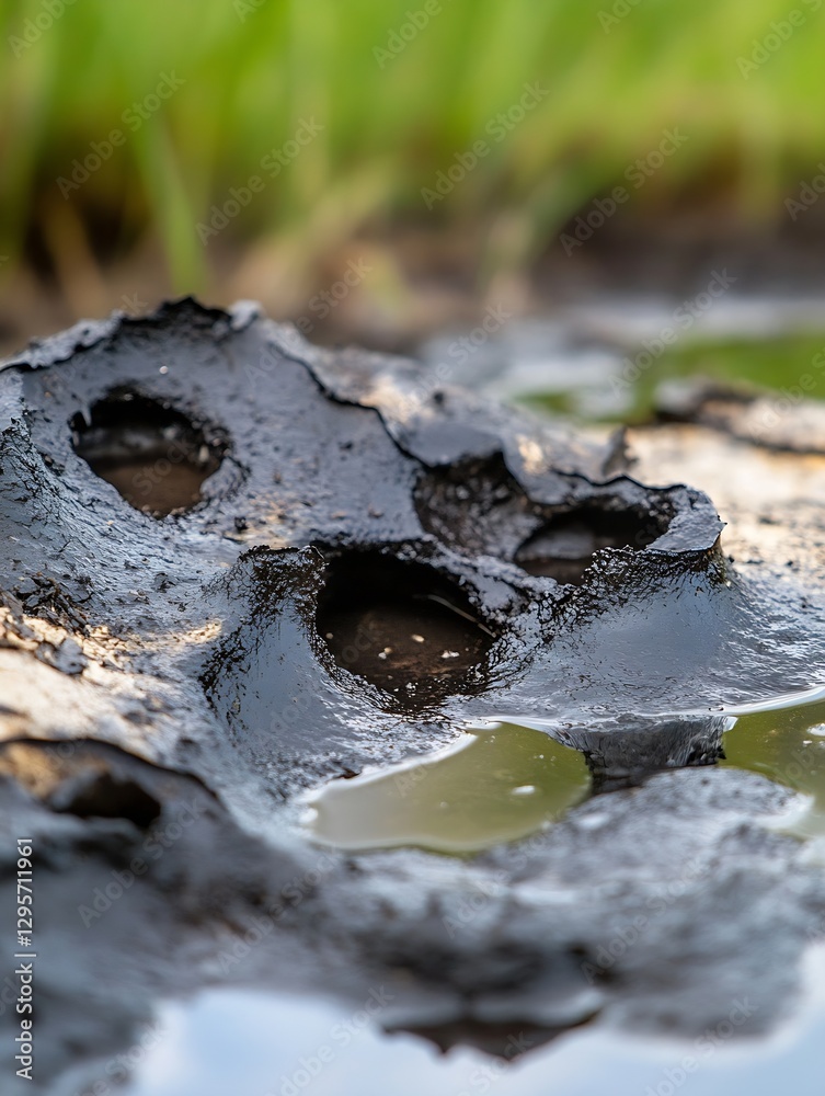 Poster closeup of mysterious dark organic material in a wetland area surrounded by greenery : generative ai