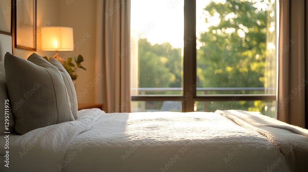 Poster a cozy sunlit bedroom with soft bedding and inviting views of nature outside the window : generative