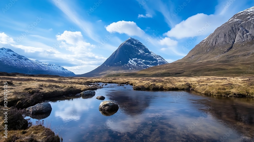 Poster breathtaking scenic view of a mountainous landscape with crystal clear reflection in calm waters : g