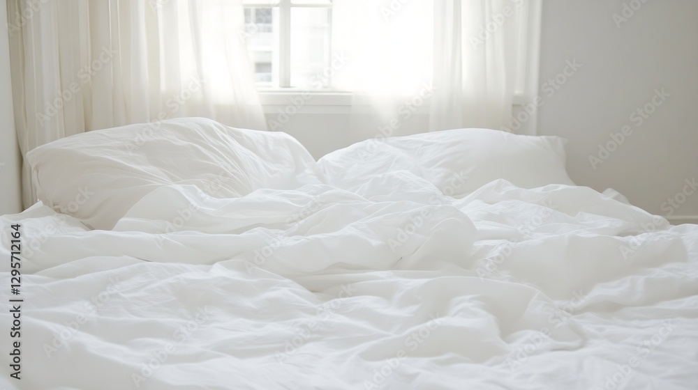 Poster cozy and inviting messy bed with soft pillows and natural light : generative ai