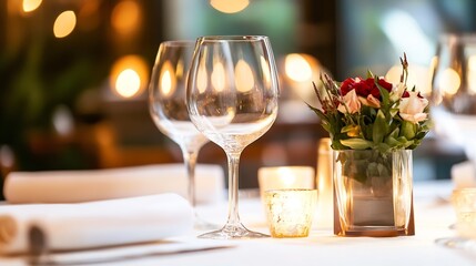 Elegant dining table set with fine glassware and flowers creating warm ambiance for a romantic dinner : Generative AI