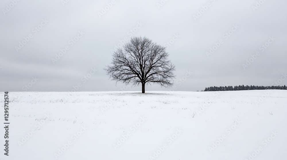 Poster stark winter landscape featuring a solitary bare tree surrounded by a blanket of snow against a dram
